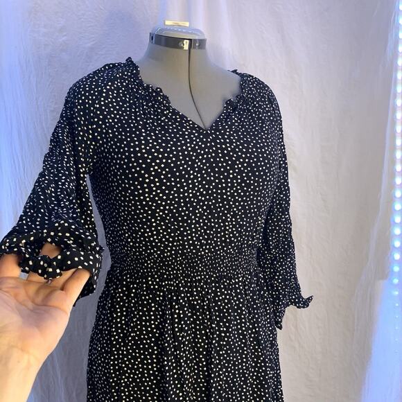 Talbots Dress Black White Dot Midi Dress Smocked Waist 3/4 Sleeve Ruffle Tier M - Picture 4 of 14